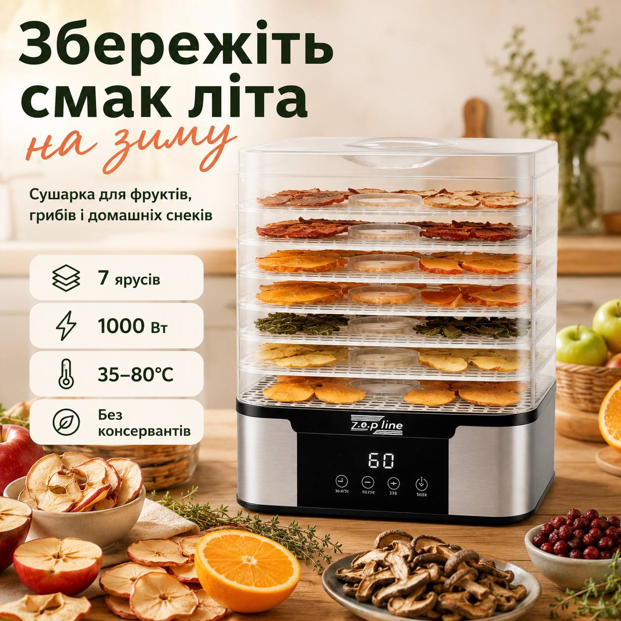 Сушарка для продуктів Zepline з фруктами, грибами та зеленню