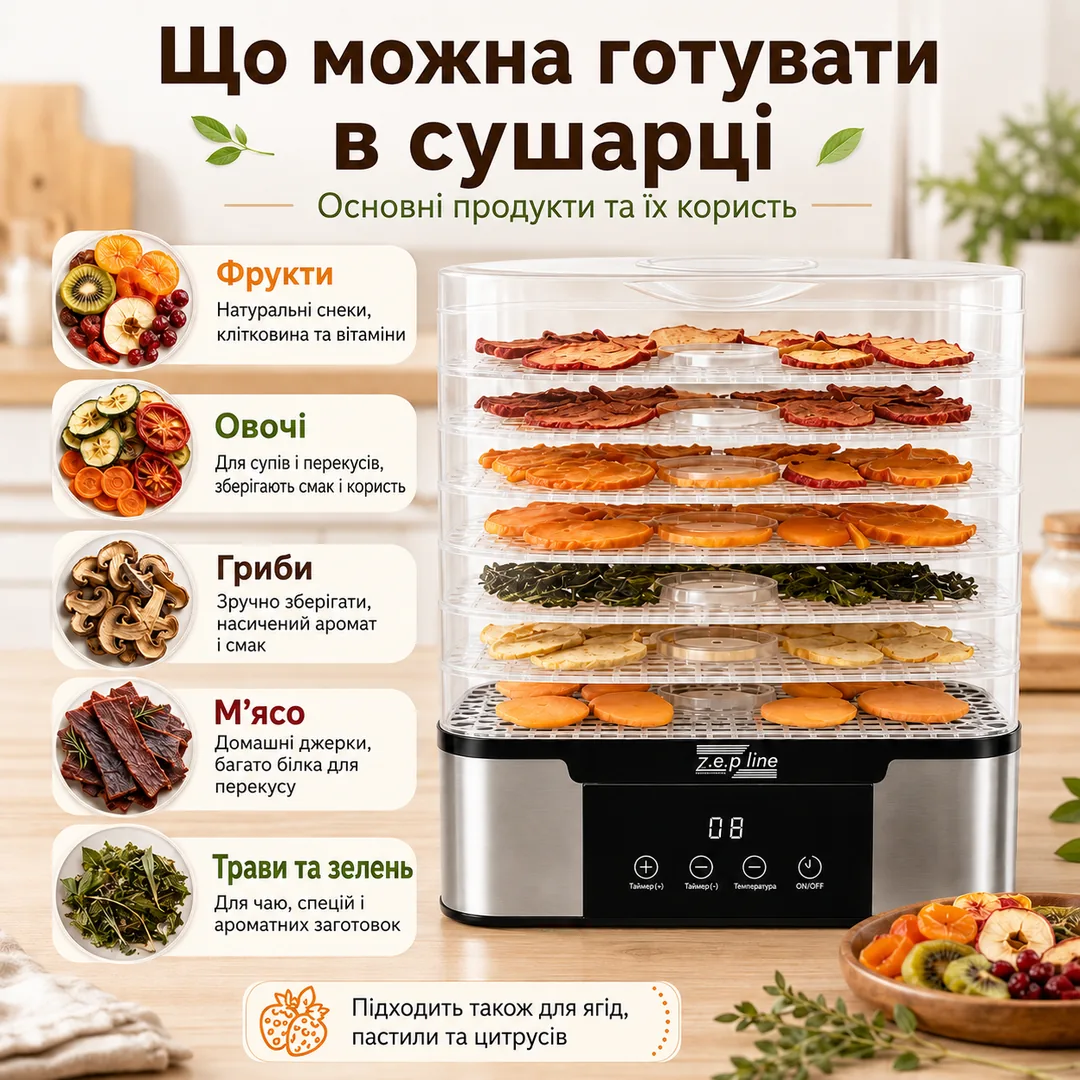 Фрукти, овочі, гриби, мʼясо і трави для сушарки